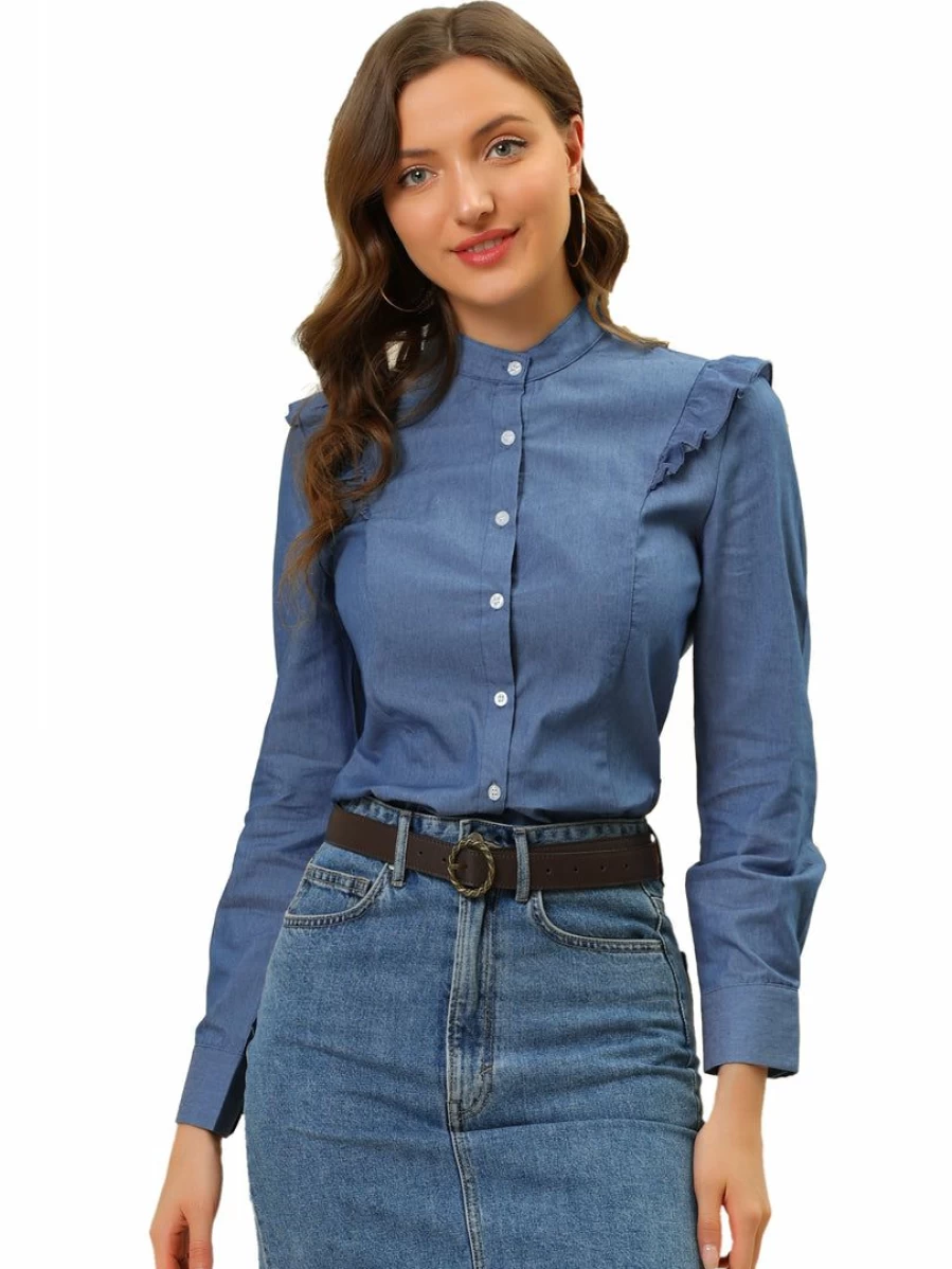 Blue Women's Denim Long Sleeve Shirt with Ruffled Trim & Shoulder Buttons