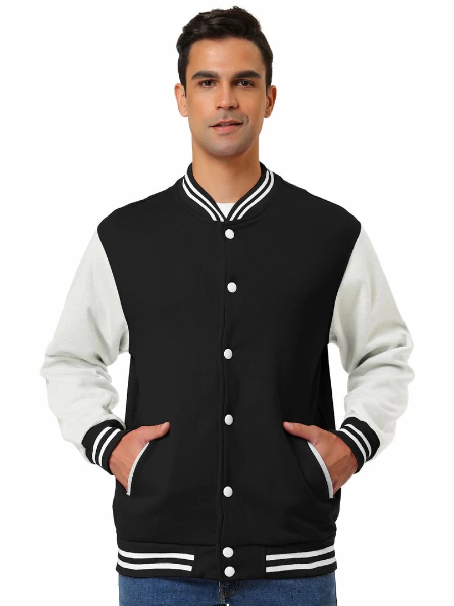 Men's Color Block Varsity Bomber Jacket - Classic Baseball Style Button-Down Coat