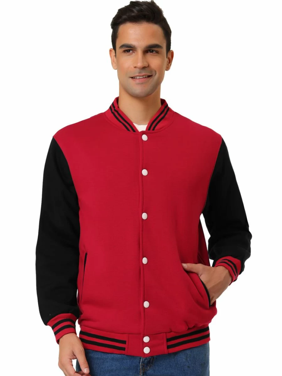 Men's Color Block Varsity Bomber Jacket - Classic Baseball Style Button-Down Coat