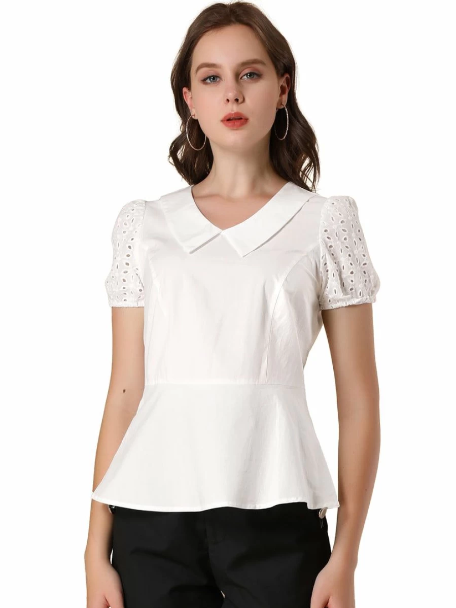 White Women's Office Shirt with Lace Insert and Peter Pan Collar by Allegra K