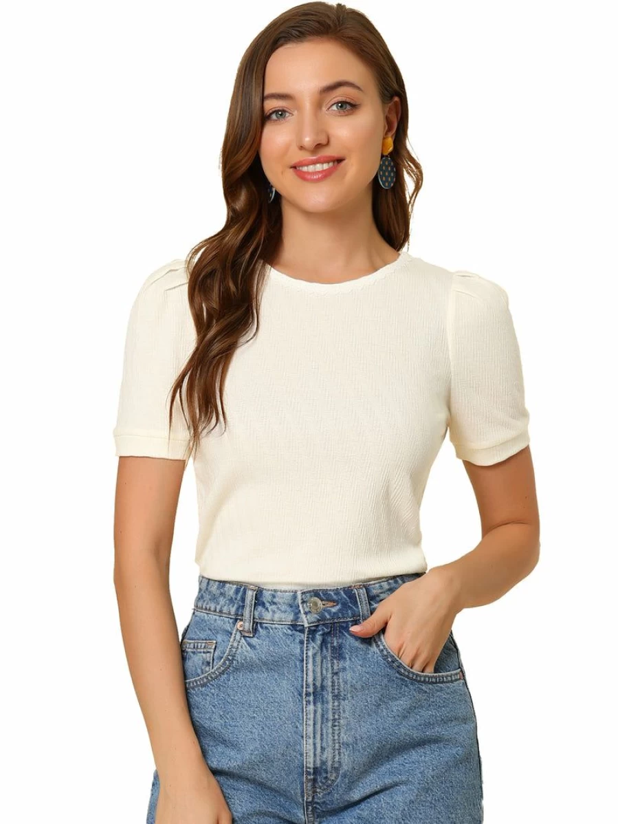 Allegra K Women's Apricot Textured Lace Trim Blouse Top with Short Puff Sleeves