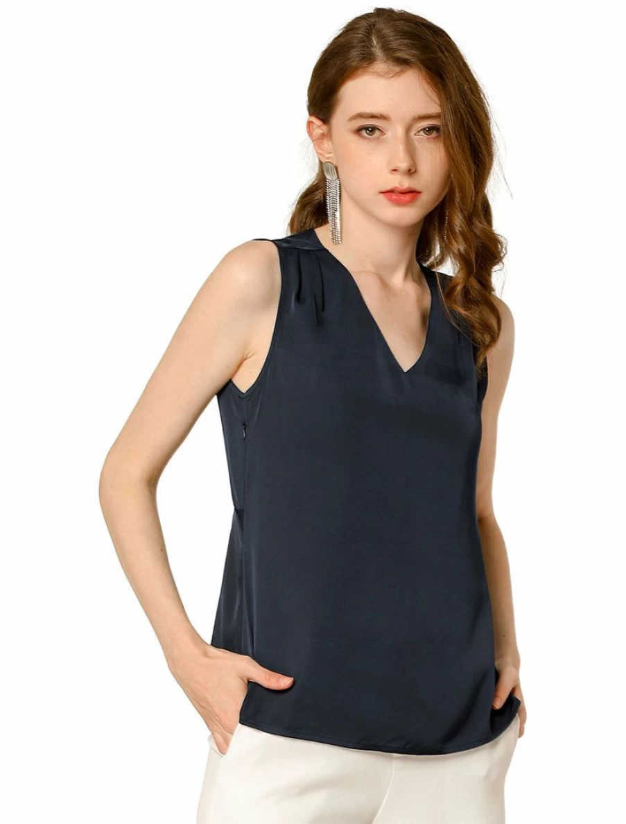 Vintage Blue Ruched Sleeveless Blouse with V-Neck and Side Zippers for Women
