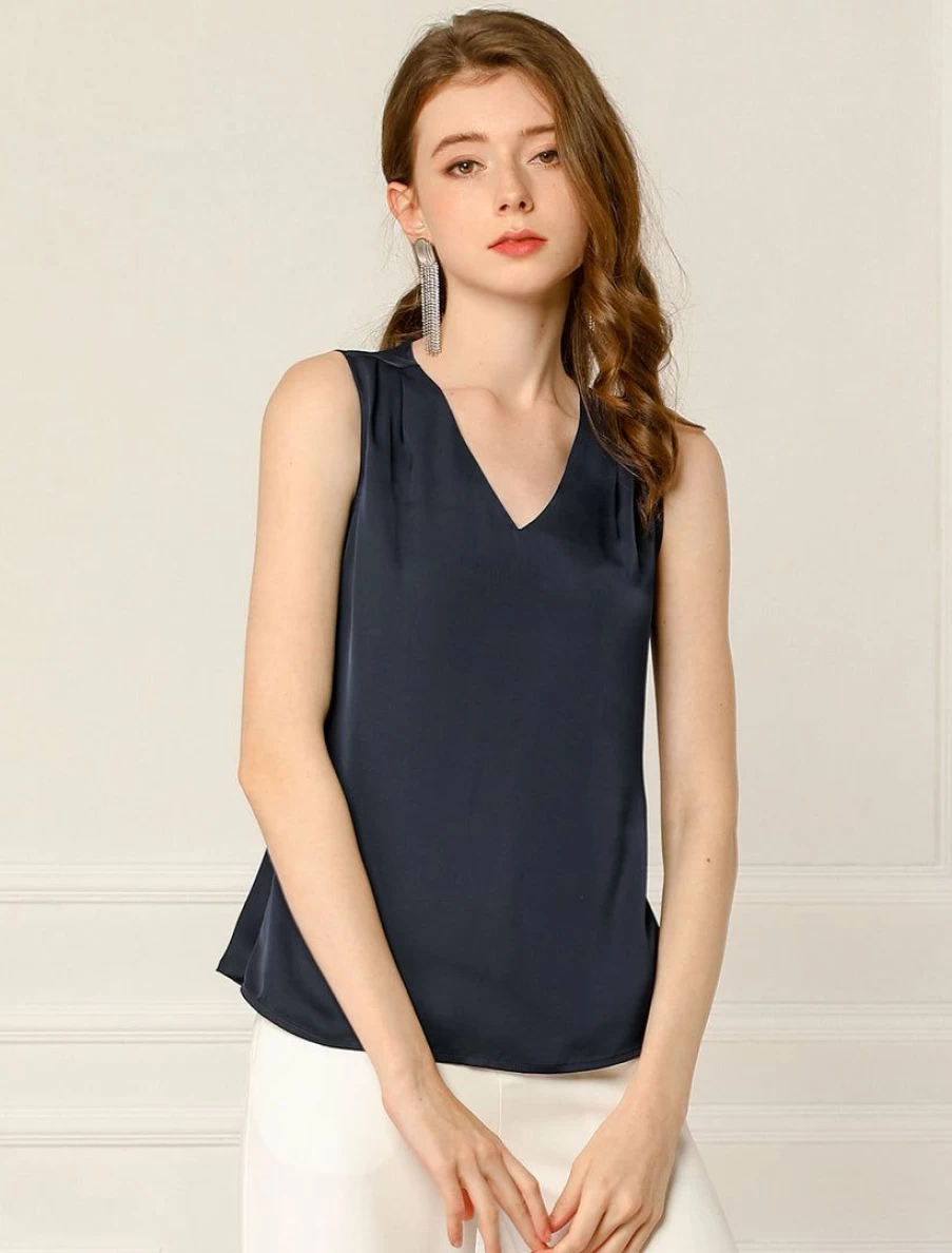 Vintage Blue Ruched Sleeveless Blouse with V-Neck and Side Zippers for Women
