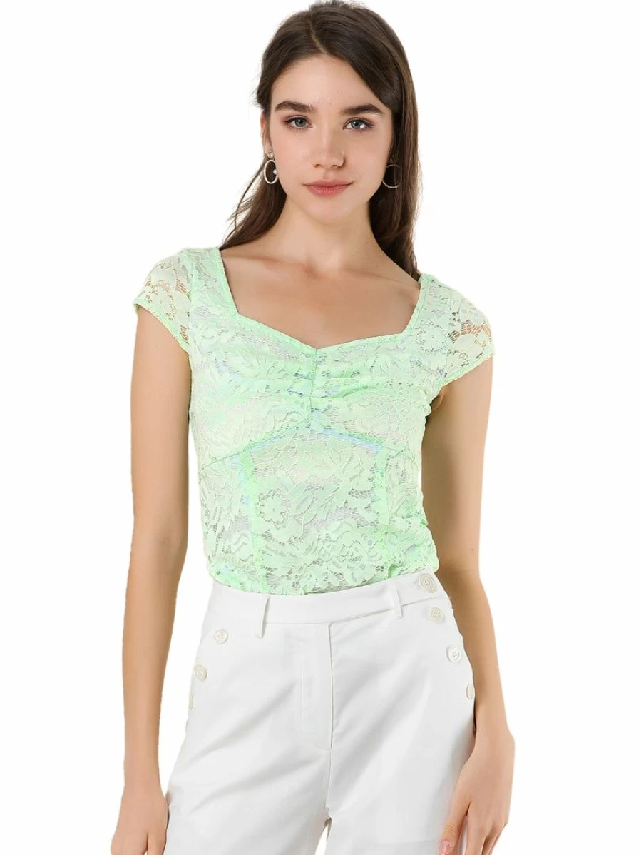 Vintage Lace Blouse for Women with Sweetheart Neckline and Ruched Front Detail