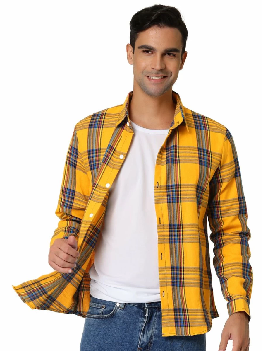 Men's Casual Plaid Shirt Long Sleeve Checked Button Up Color Block Stylish Top