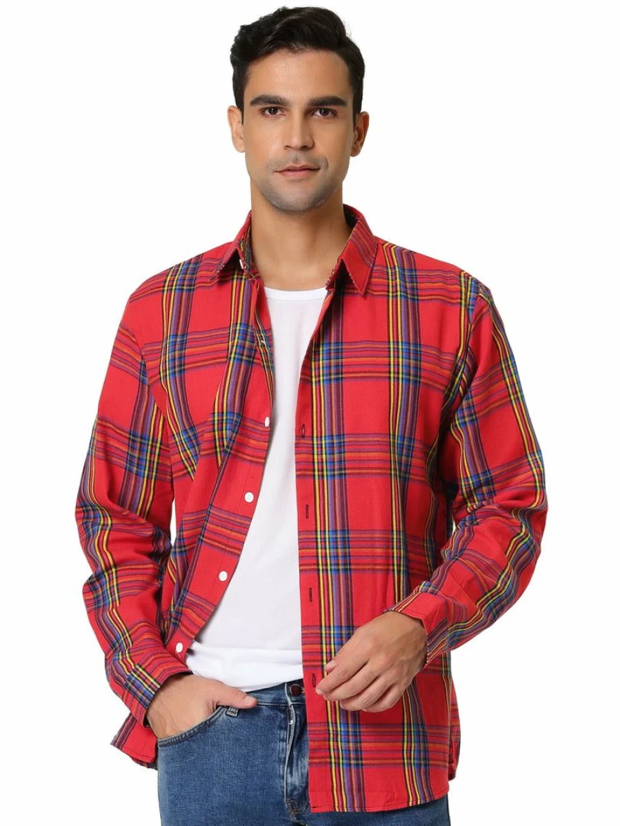 Men's Casual Plaid Shirt Long Sleeve Checked Button Up Color Block Stylish Top