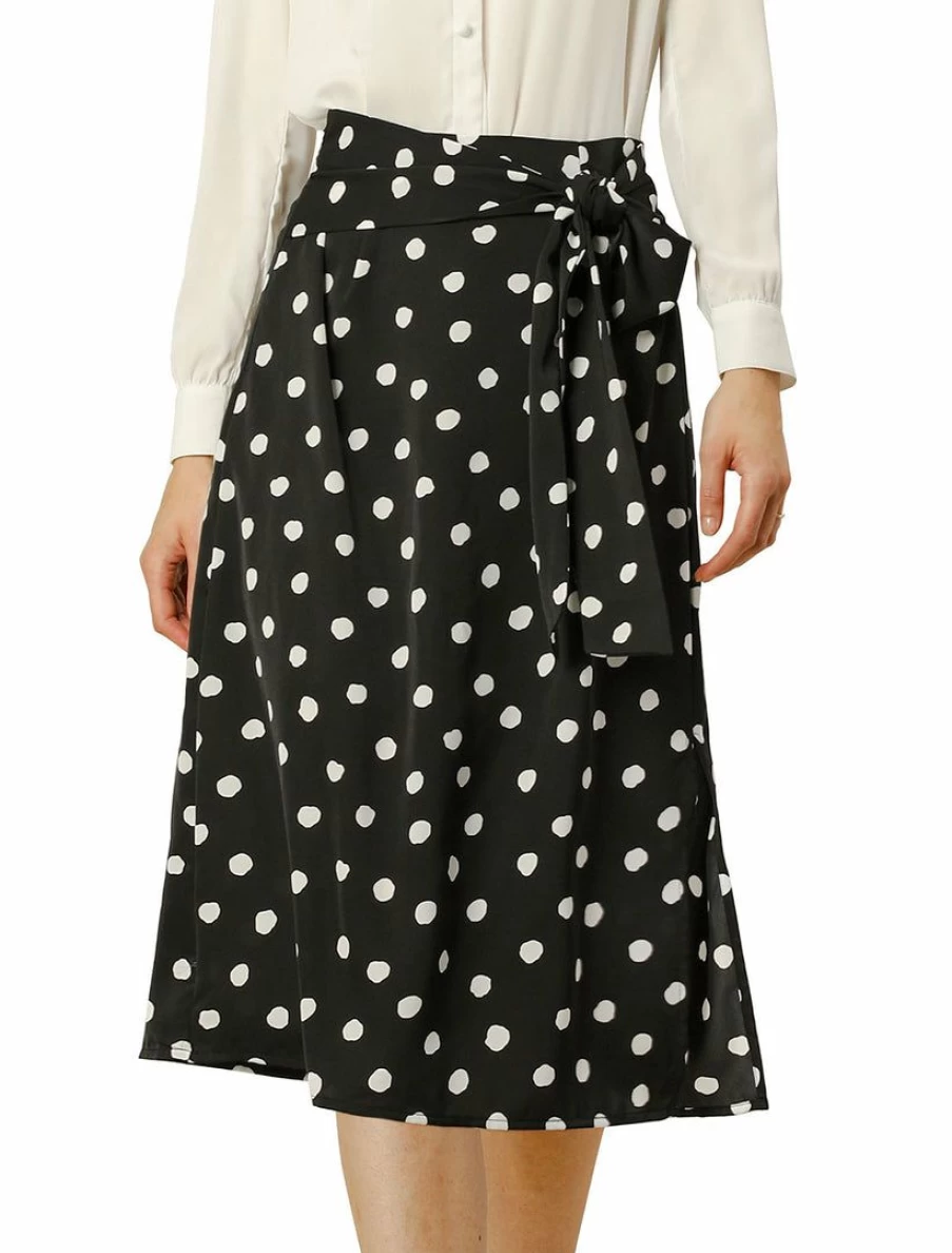 Women's Retro Polka Dot Midi Skirt with Tie Waist and Side Split