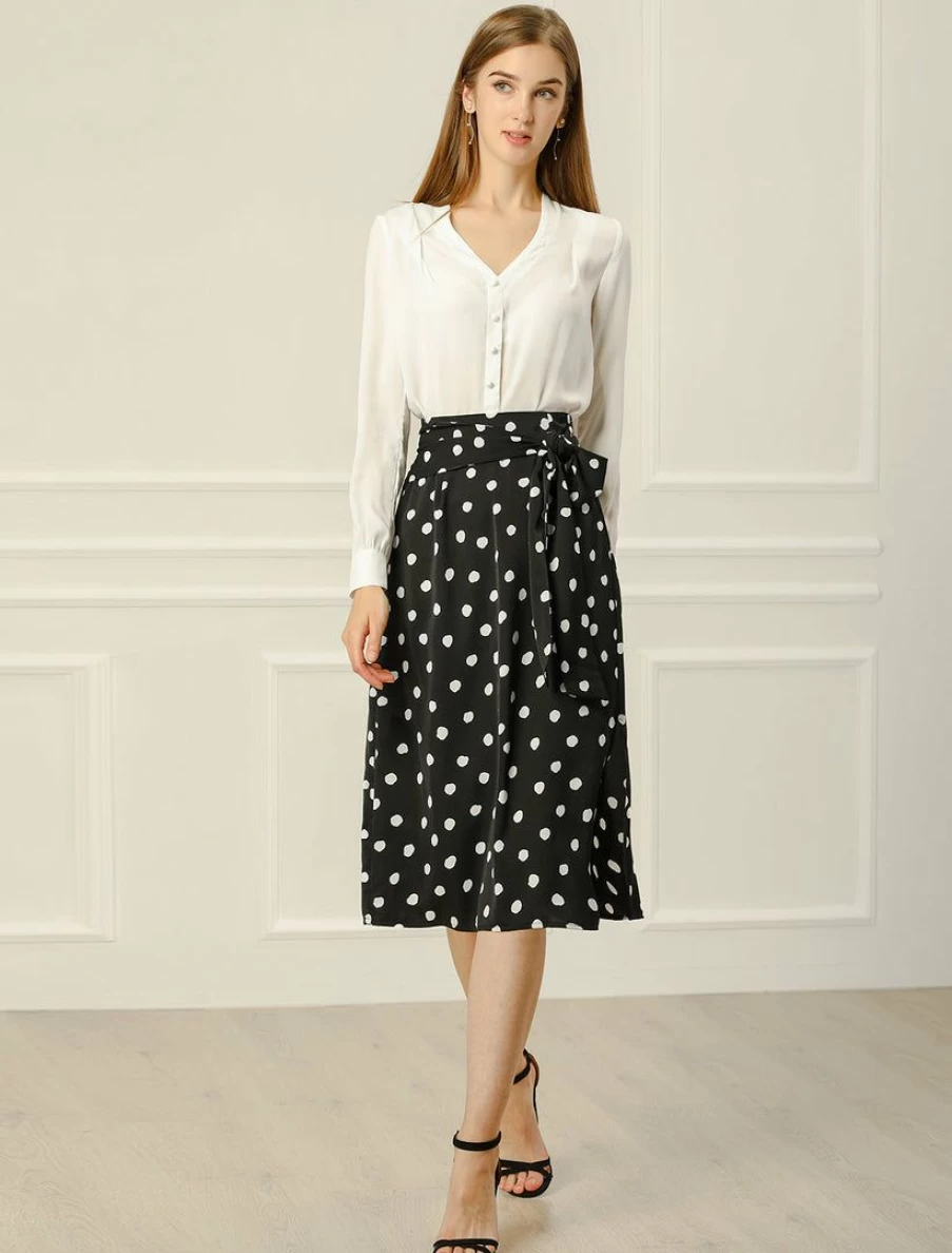 Women's Retro Polka Dot Midi Skirt with Tie Waist and Side Split