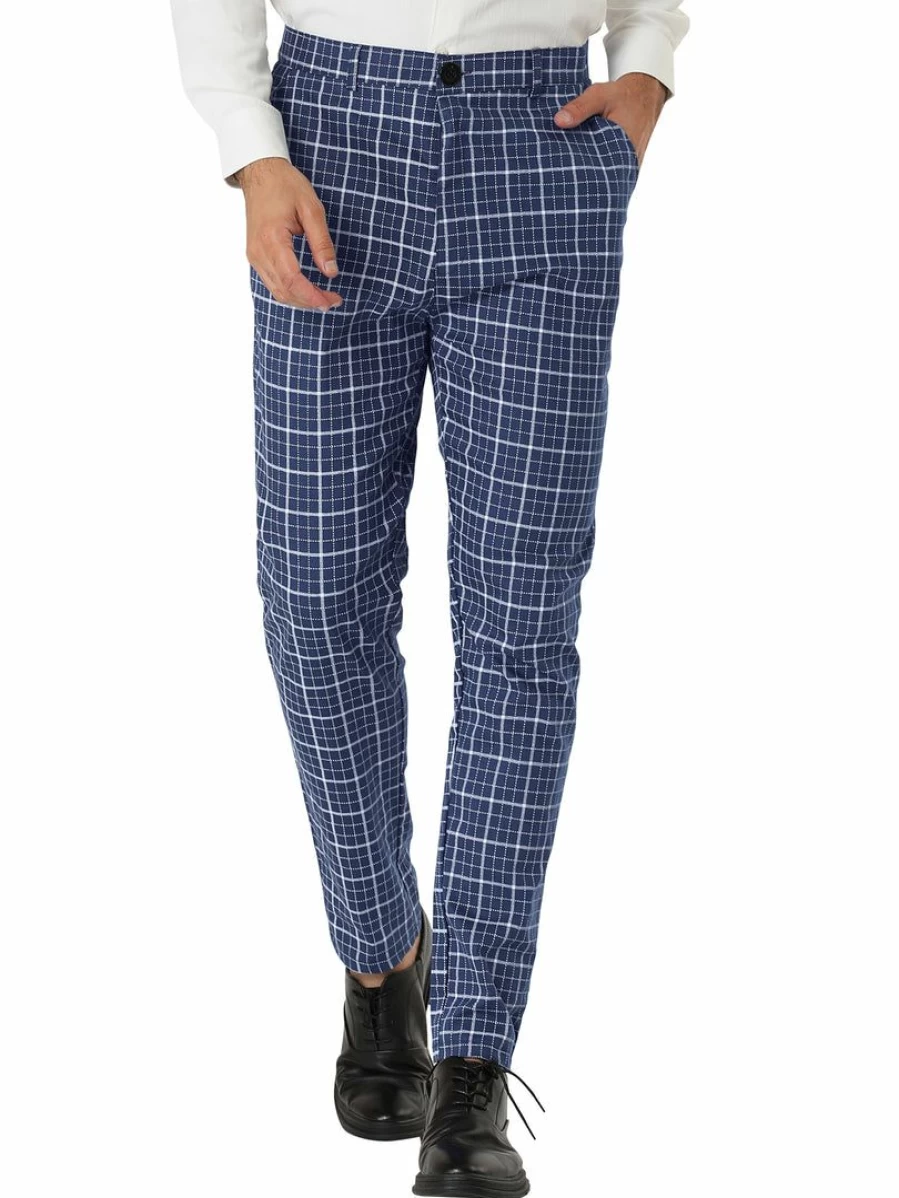 Men's Slim Fit Checked Plaid Dress Pants for Business Flat Front Trousers