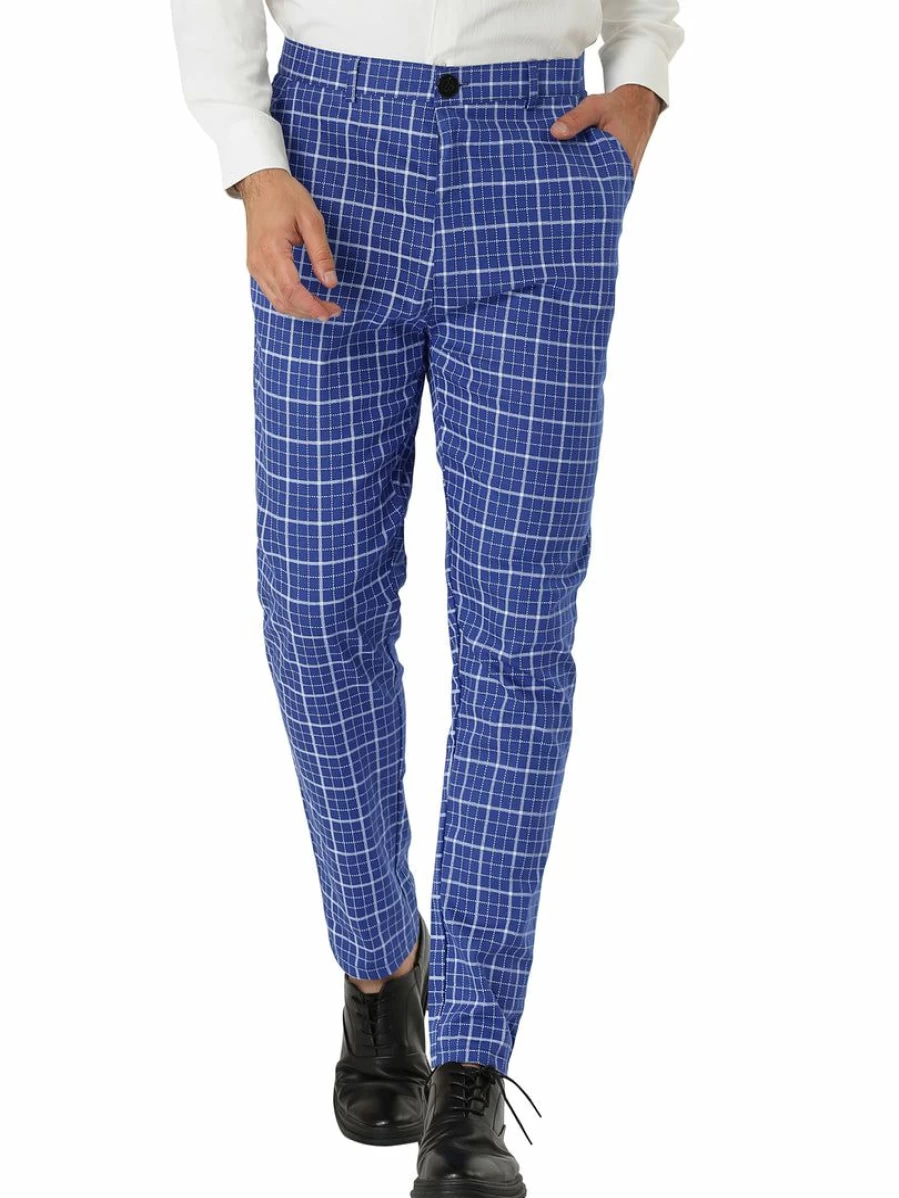 Men's Slim Fit Checked Plaid Dress Pants for Business Flat Front Trousers