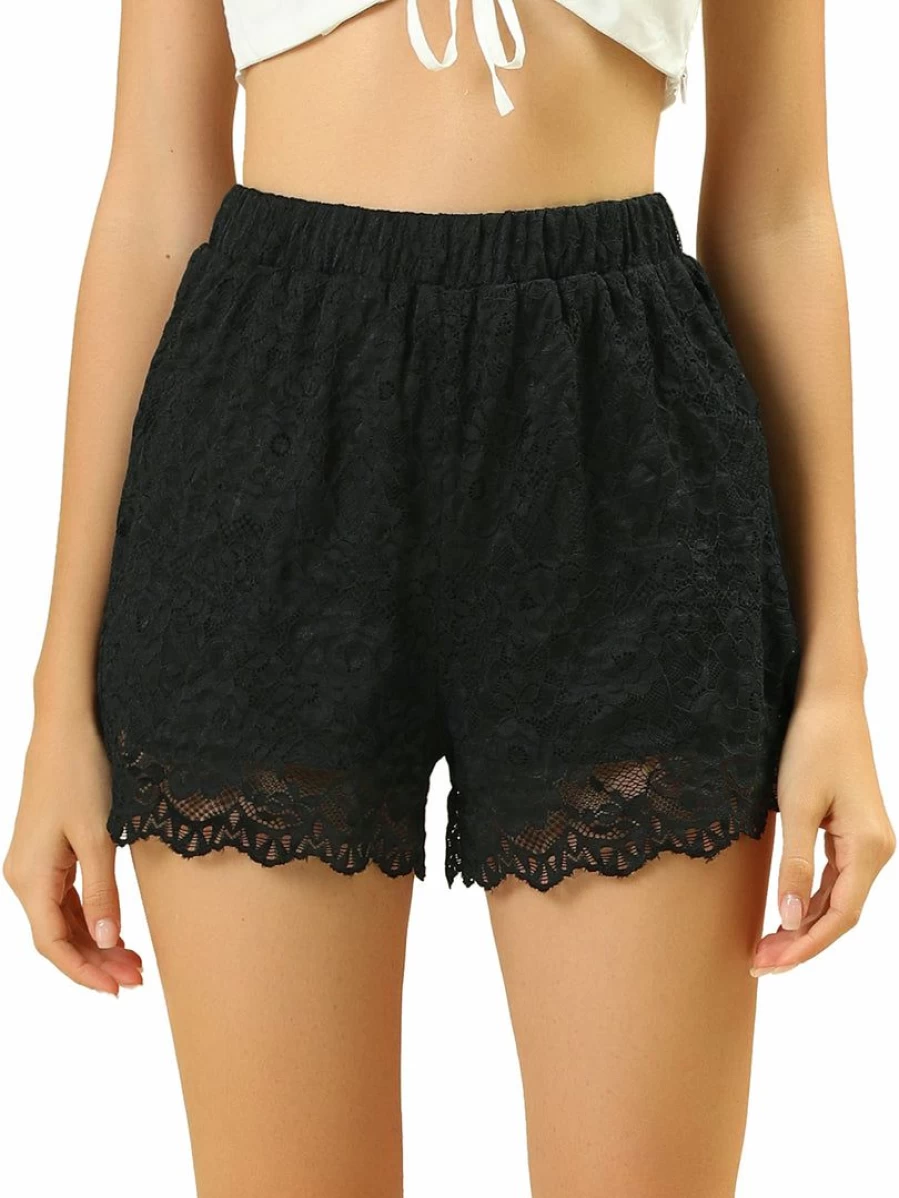Black High Waist Floral Lace Summer Shorts with Scalloped Hem for Women