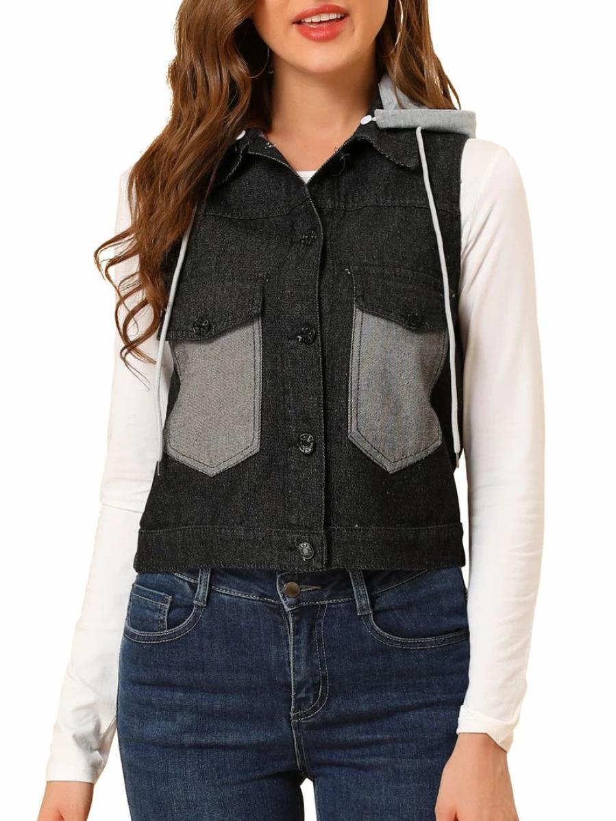 Women's Dark Grey Denim Vest with Detachable Hood - Sleeveless Loose Fit Jean Jacket