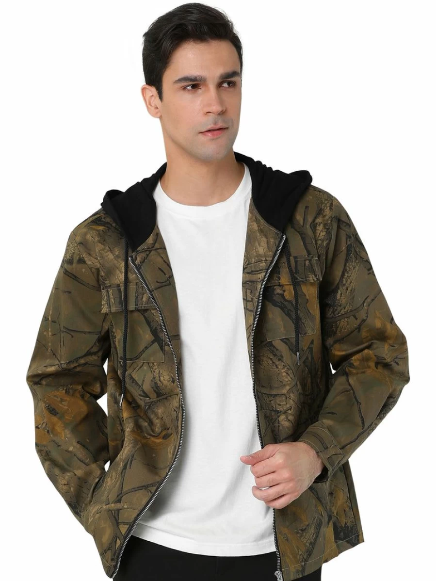 Men's Green Lightweight Hooded Zip-Up Jacket with Printed Design - Long Sleeve Outerwear