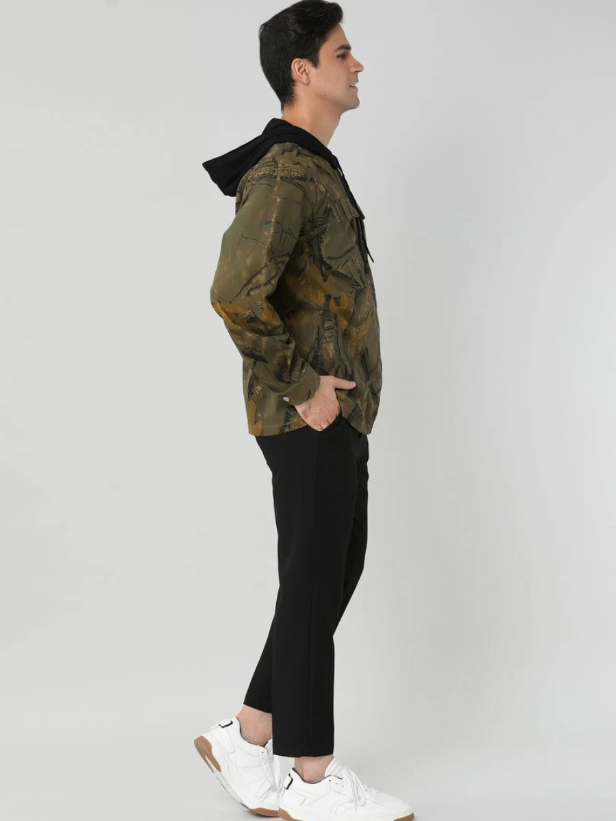 Men's Green Lightweight Hooded Zip-Up Jacket with Printed Design - Long Sleeve Outerwear