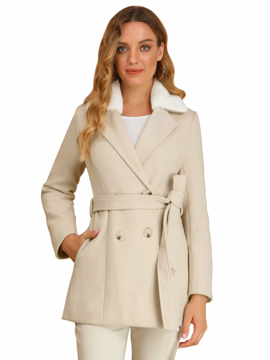 Allegra K Women's Cream White Faux Fur Collar Double Breasted Belted Winter Coat