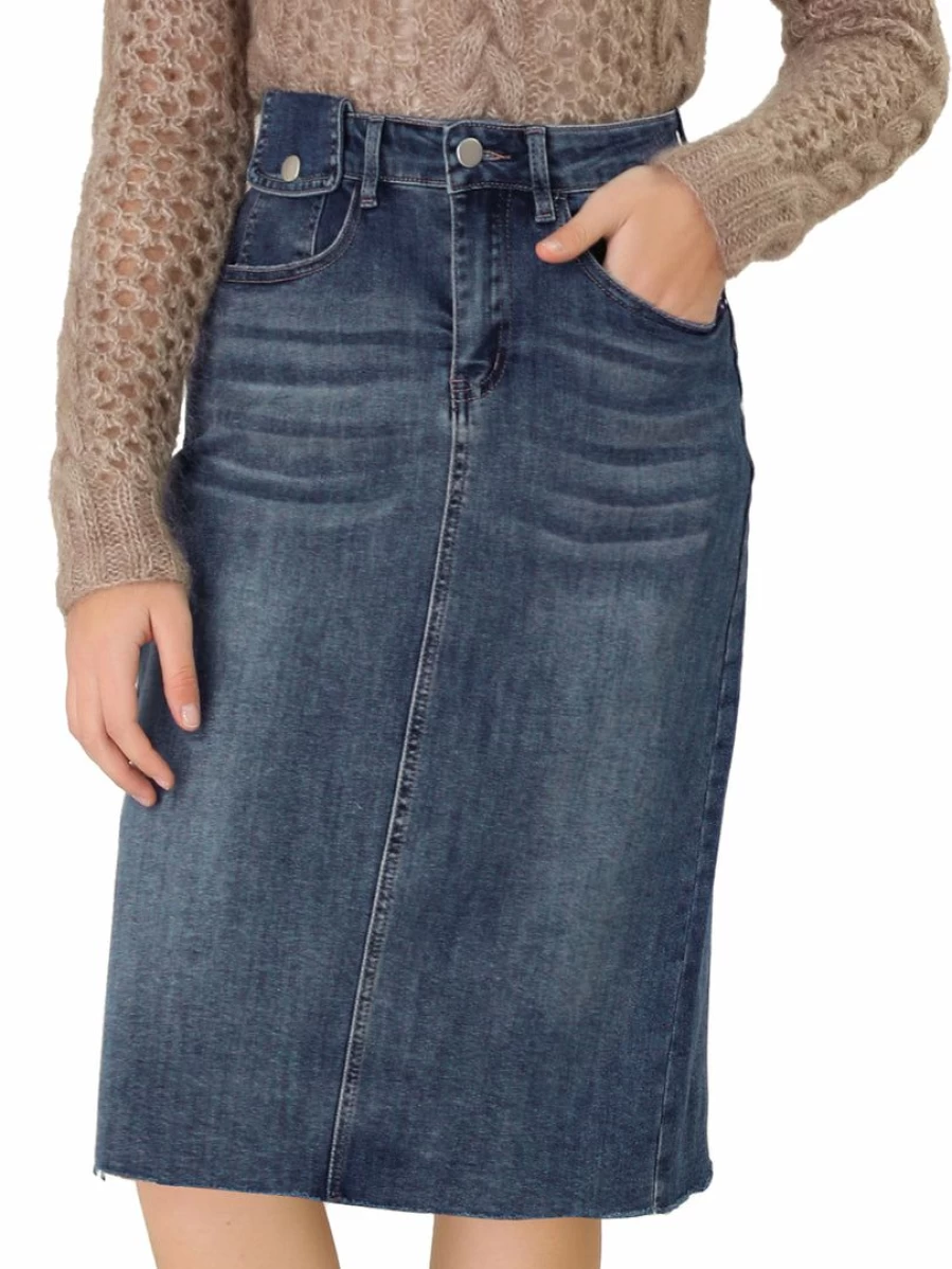 Women's High Waisted Blue Denim Skirt Casual Short Back Vent Jean Skirt