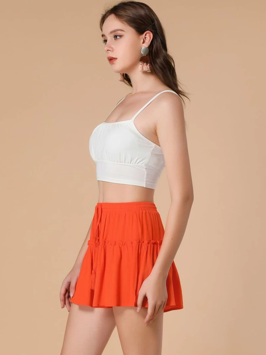 Allegra K Women's Orange Ruffle Trim Casual Elastic Waist Beach Mini Shorts