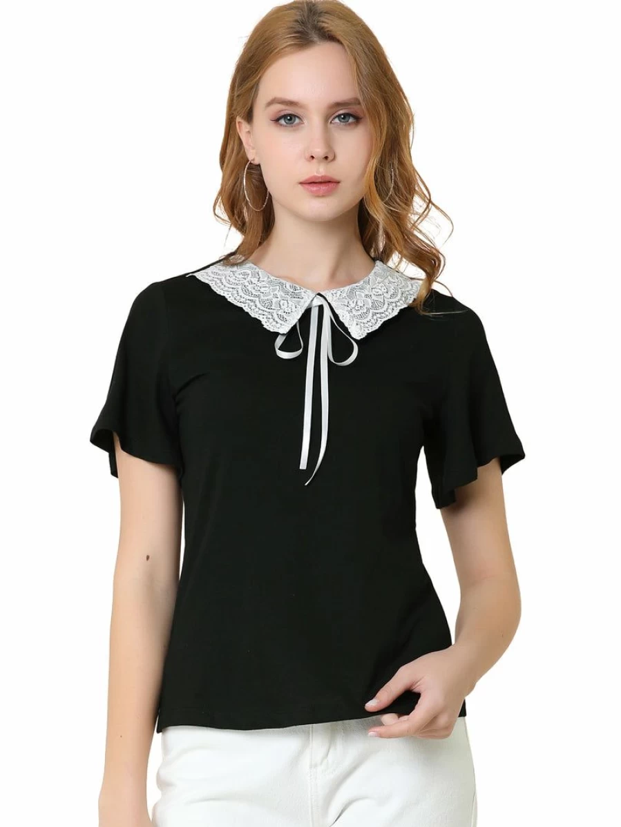 Black Casual Contrast Collar Keyhole Tie Short Sleeve Blouse Tops for Women