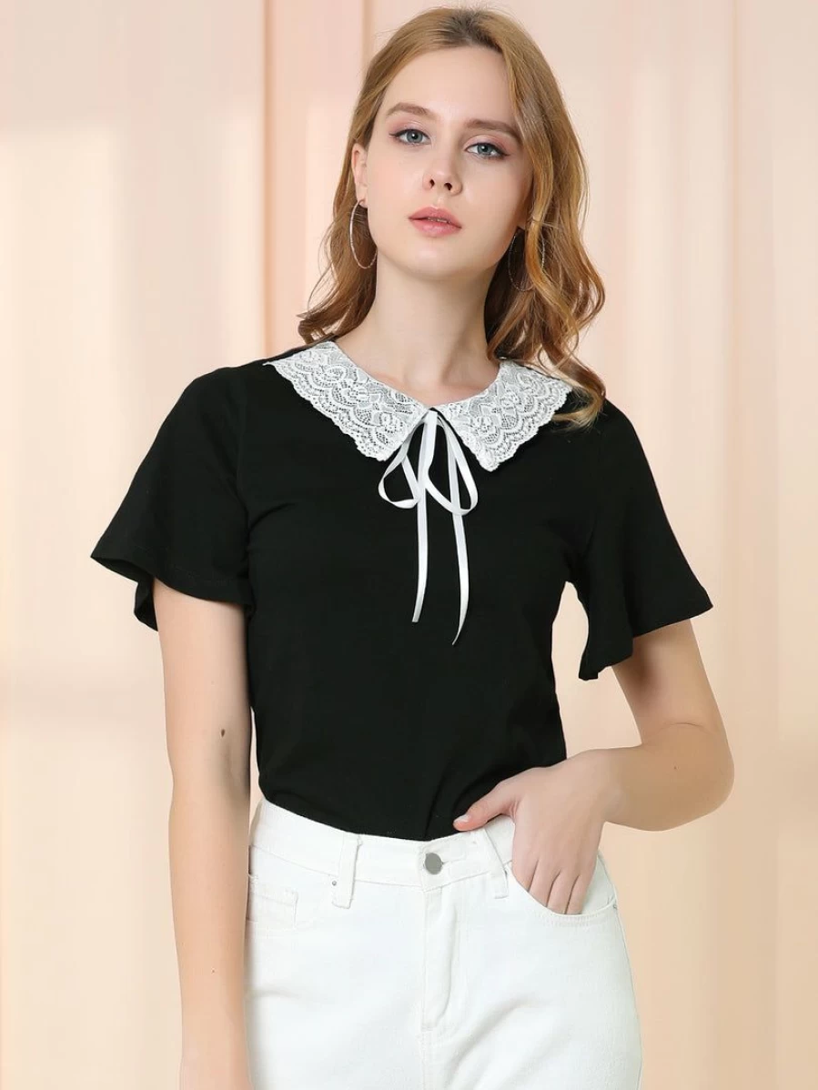 Black Casual Contrast Collar Keyhole Tie Short Sleeve Blouse Tops for Women