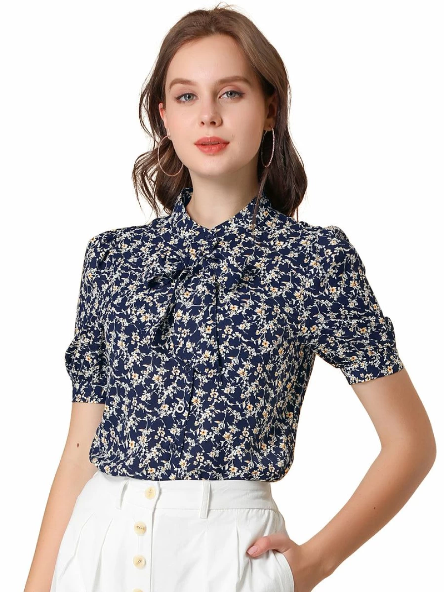 Blue Floral Short Sleeve Women's Work Shirt with Stand Collar & Bow Tie Detail
