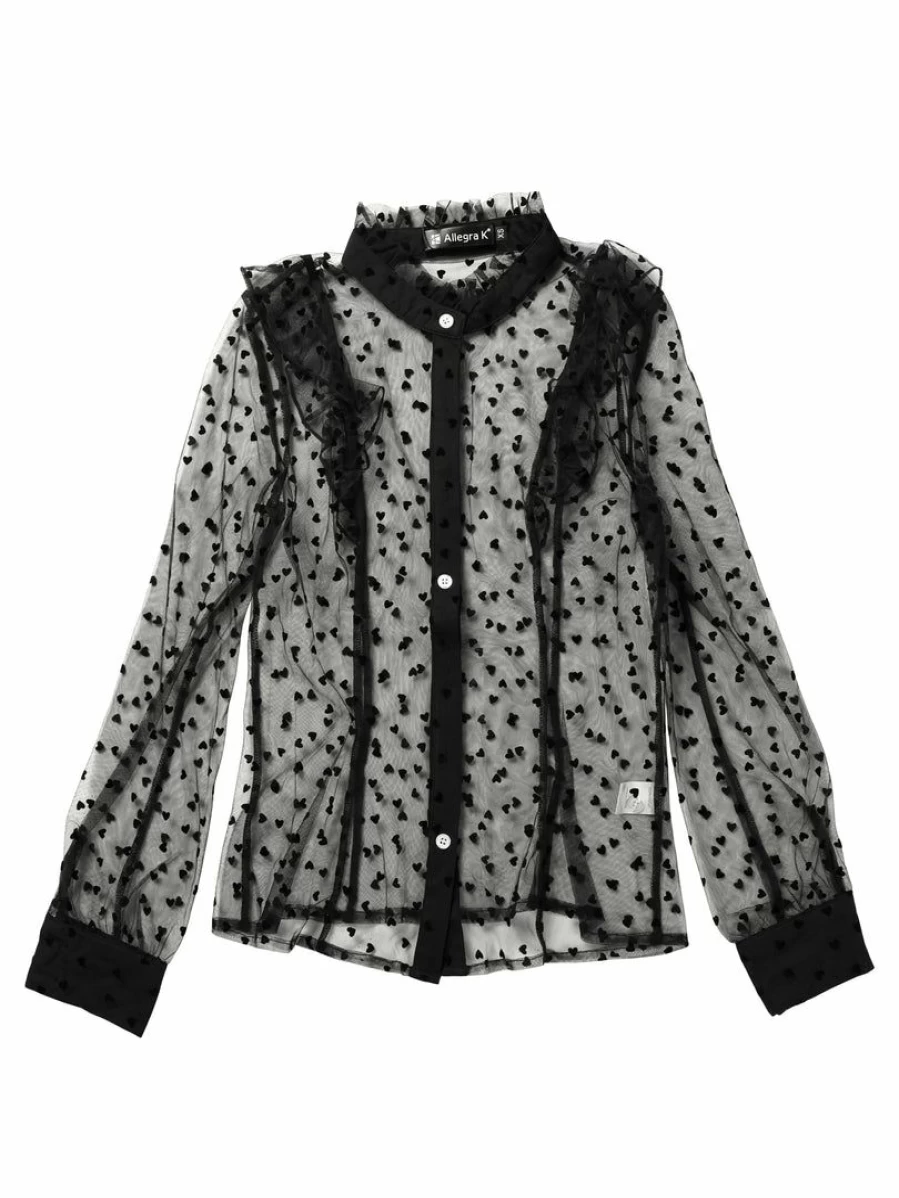 Black Sexy Mesh Blouse with 3D Embroidered Heart and Ruffled Collar for Women