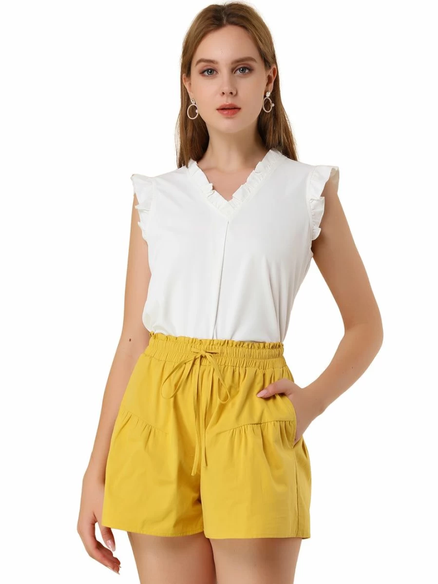 Yellow Women's Casual Cotton Shorts with Slit Pocket, Wide Leg & Tie Waist