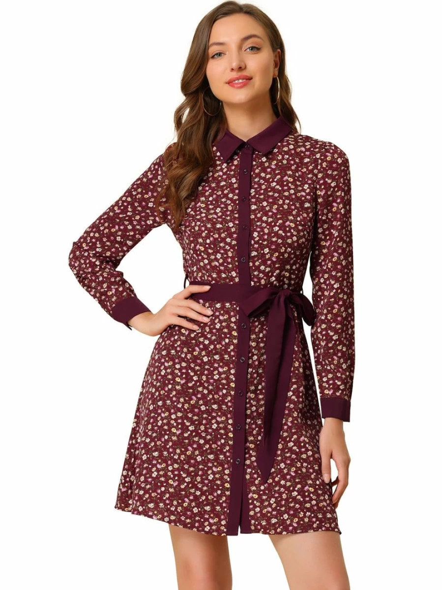 Vintage Floral Long Sleeve Shirt Dress for Women with Contrast Collar and Button Front