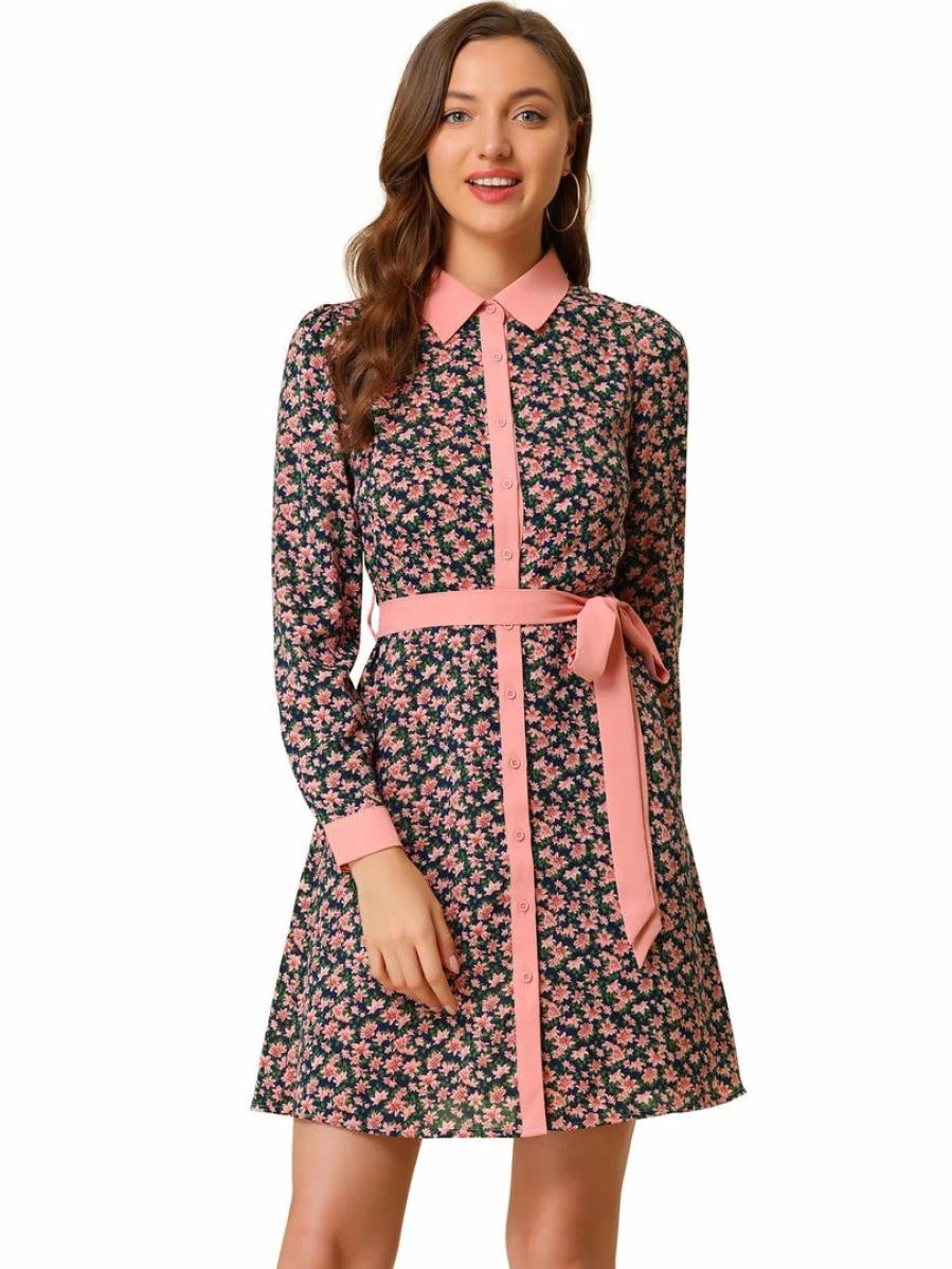 Vintage Floral Long Sleeve Shirt Dress for Women with Contrast Collar and Button Front