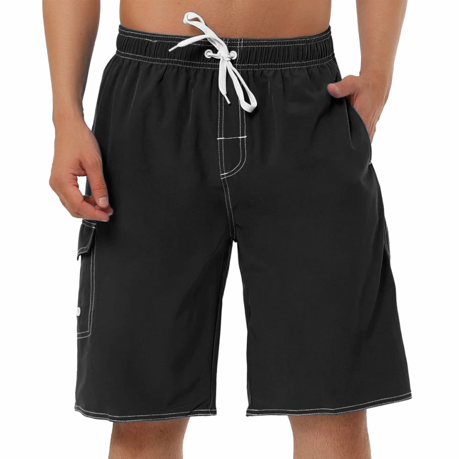 Men's Summer Swim Shorts with Drawstring Elastic Waist - Solid Color Beach Board Shorts for Swimming