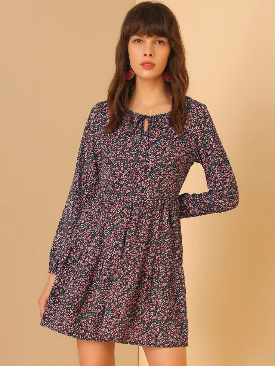 Allegra K Women's Black Red Floral Print Babydoll Dress with Tie Neck and Tiered Layered Design