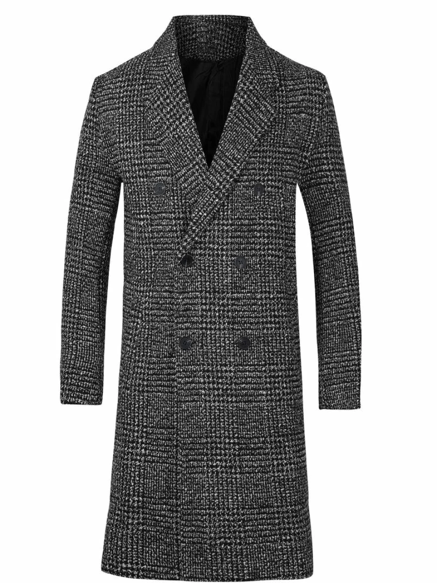 Men's Winter Houndstooth Overcoat Double Breasted Long Jacket Notch Lapel Plaid Coat