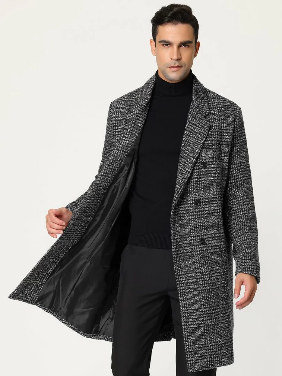 Men's Winter Houndstooth Overcoat Double Breasted Long Jacket Notch Lapel Plaid Coat
