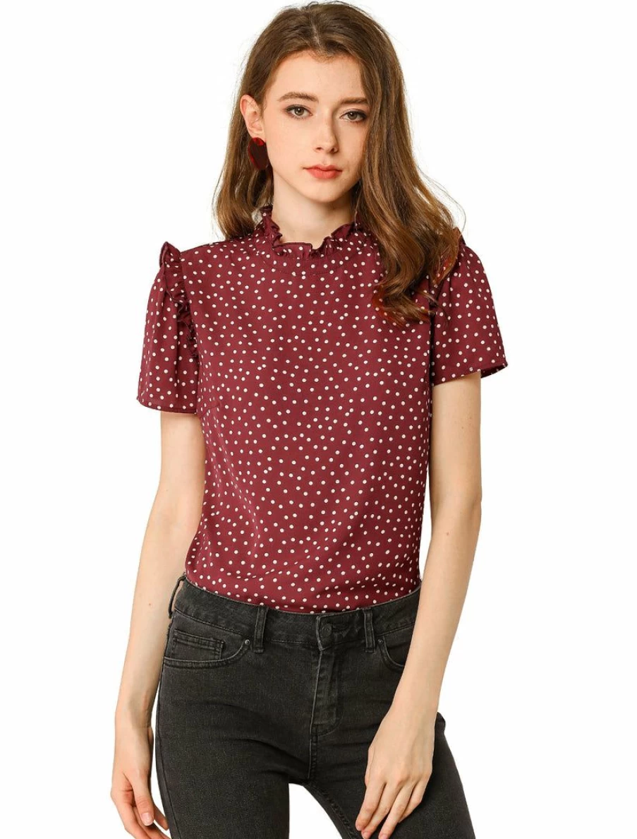 Women's Polka Dot Ruffle Stand Collar Short Sleeve Blouse Top - Floral Print Casual Shirt