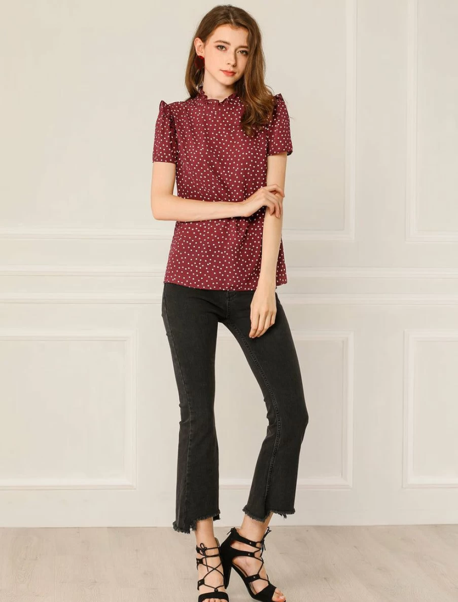 Women's Polka Dot Ruffle Stand Collar Short Sleeve Blouse Top - Floral Print Casual Shirt