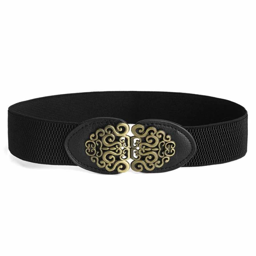 Black Elastic Waist Belt with Gold Flower Buckle for Women - Stylish Cinch Belt
