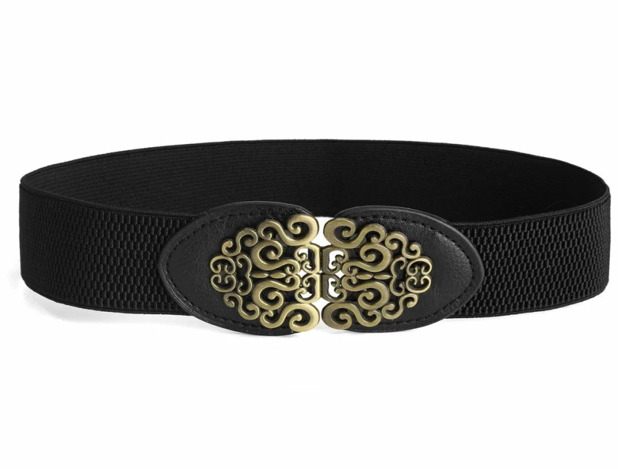 Black Elastic Waist Belt with Gold Flower Buckle for Women - Stylish Cinch Belt