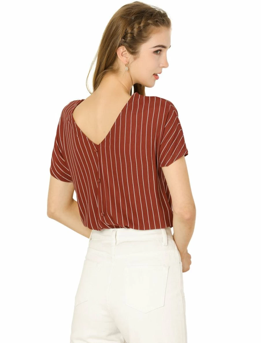 Allegra K Women's Wine Red Vertical Stripes V-Neck Button Detail Short Sleeve Tee Top