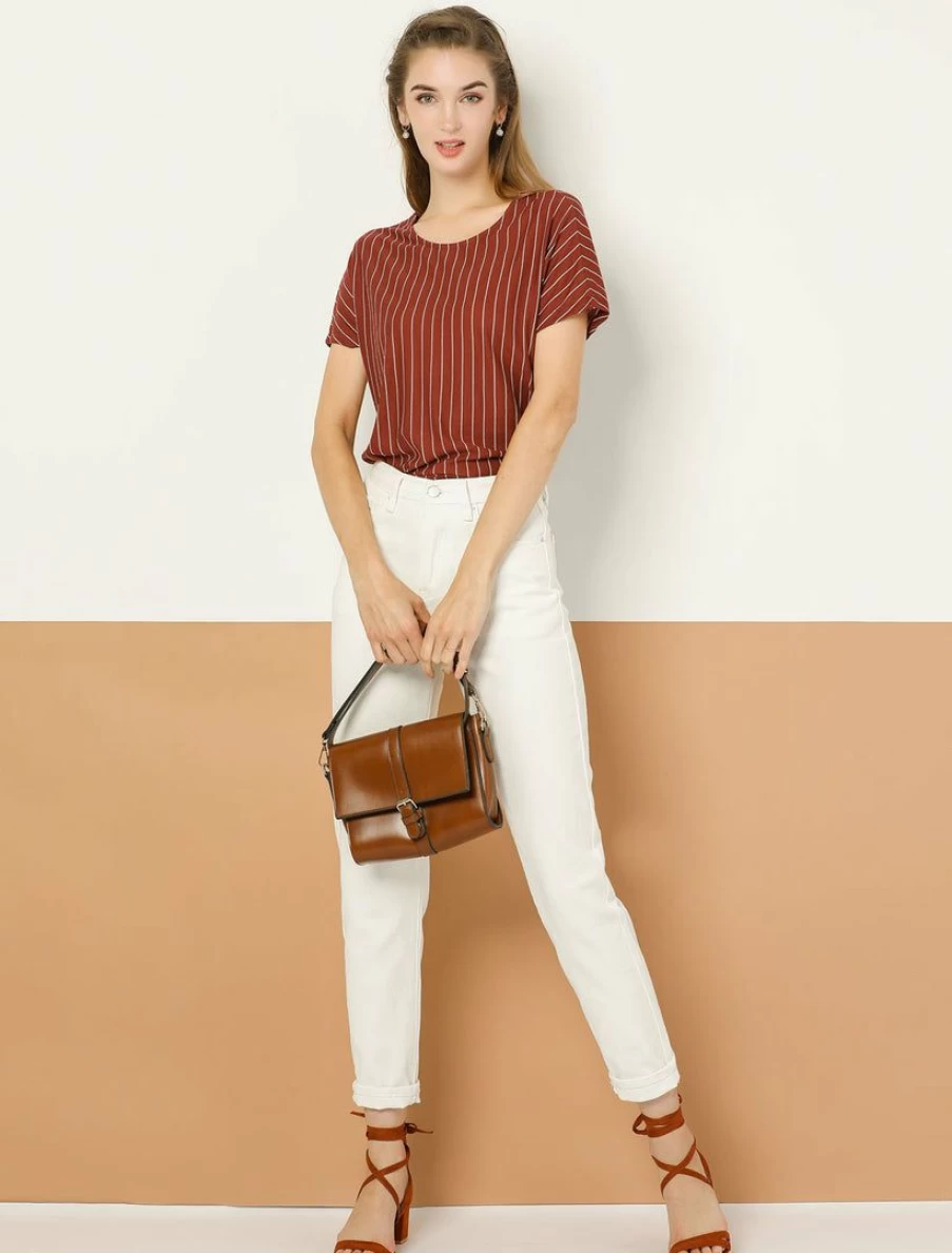 Allegra K Women's Wine Red Vertical Stripes V-Neck Button Detail Short Sleeve Tee Top