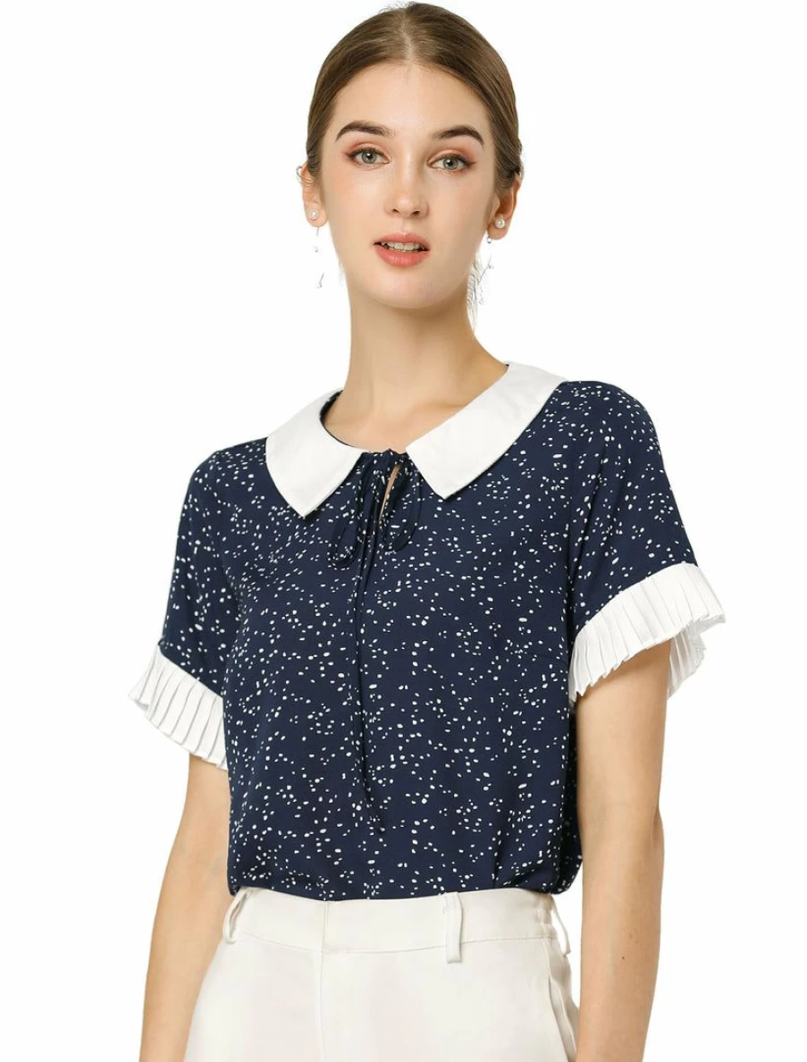 Women's Polka Dot Short Sleeve Blouse with Contrast Doll Collar for Valentine's Day