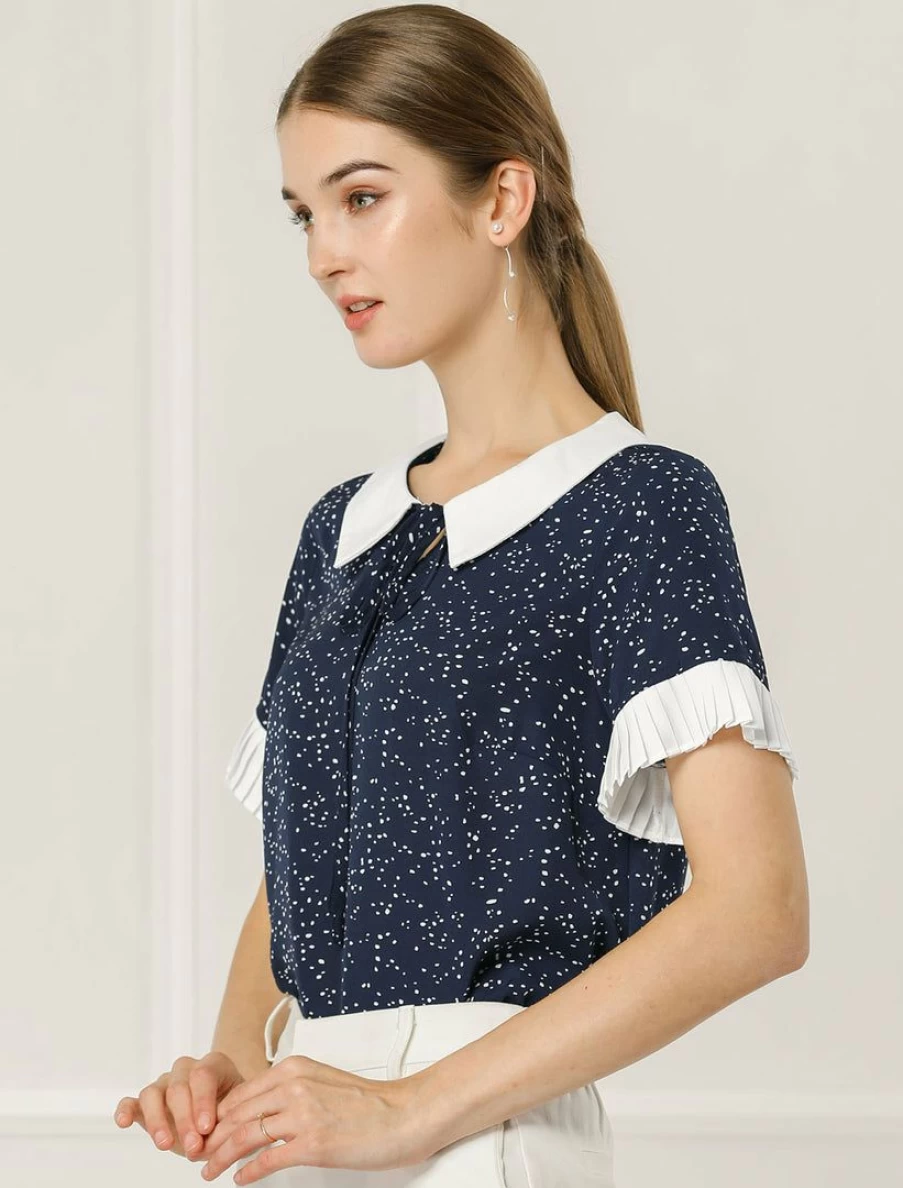 Women's Polka Dot Short Sleeve Blouse with Contrast Doll Collar for Valentine's Day