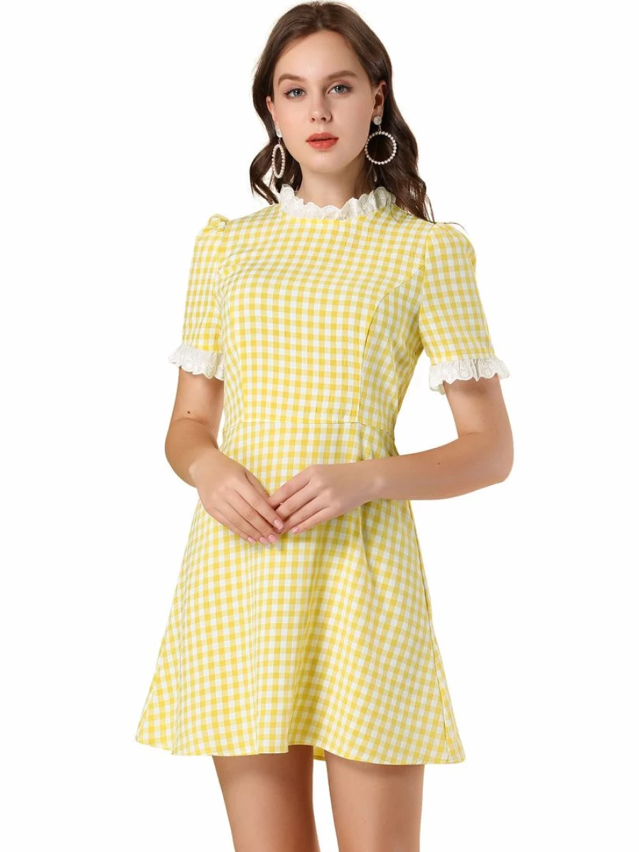 Allegra K Women's Vintage Yellow Short Sleeve Dress with Ruffle Neck and Contrast Panel