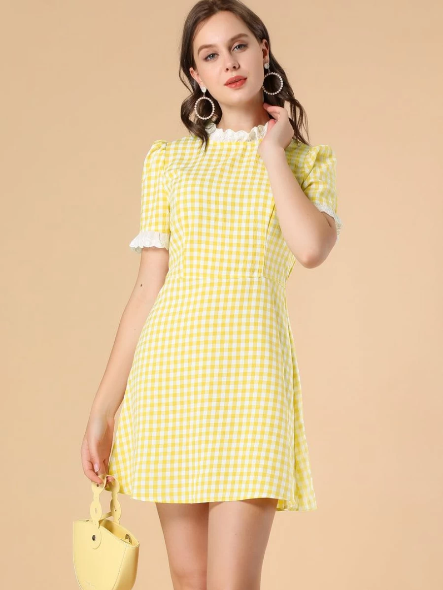 Allegra K Women's Vintage Yellow Short Sleeve Dress with Ruffle Neck and Contrast Panel