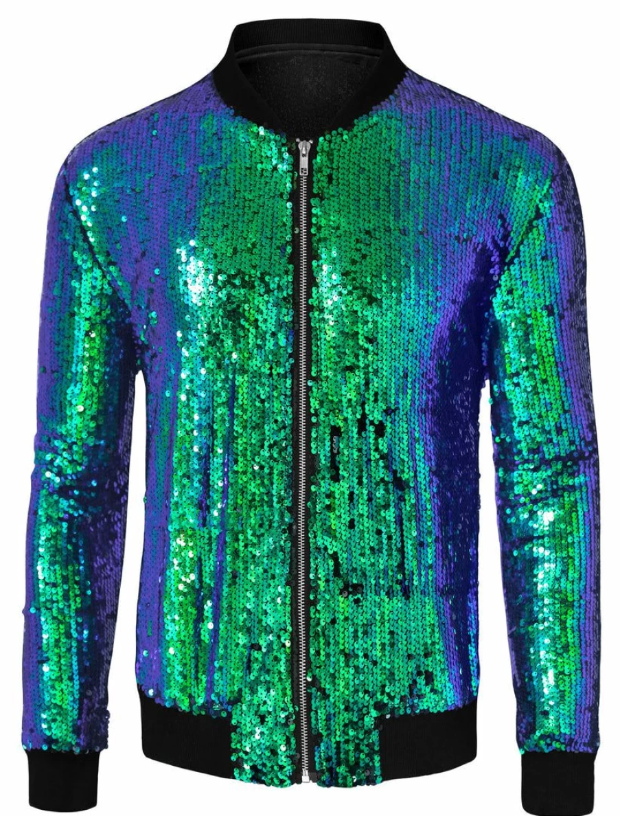 Men's Glitter Sequin Bomber Jacket Long Sleeve Zipper Varsity Style Coat