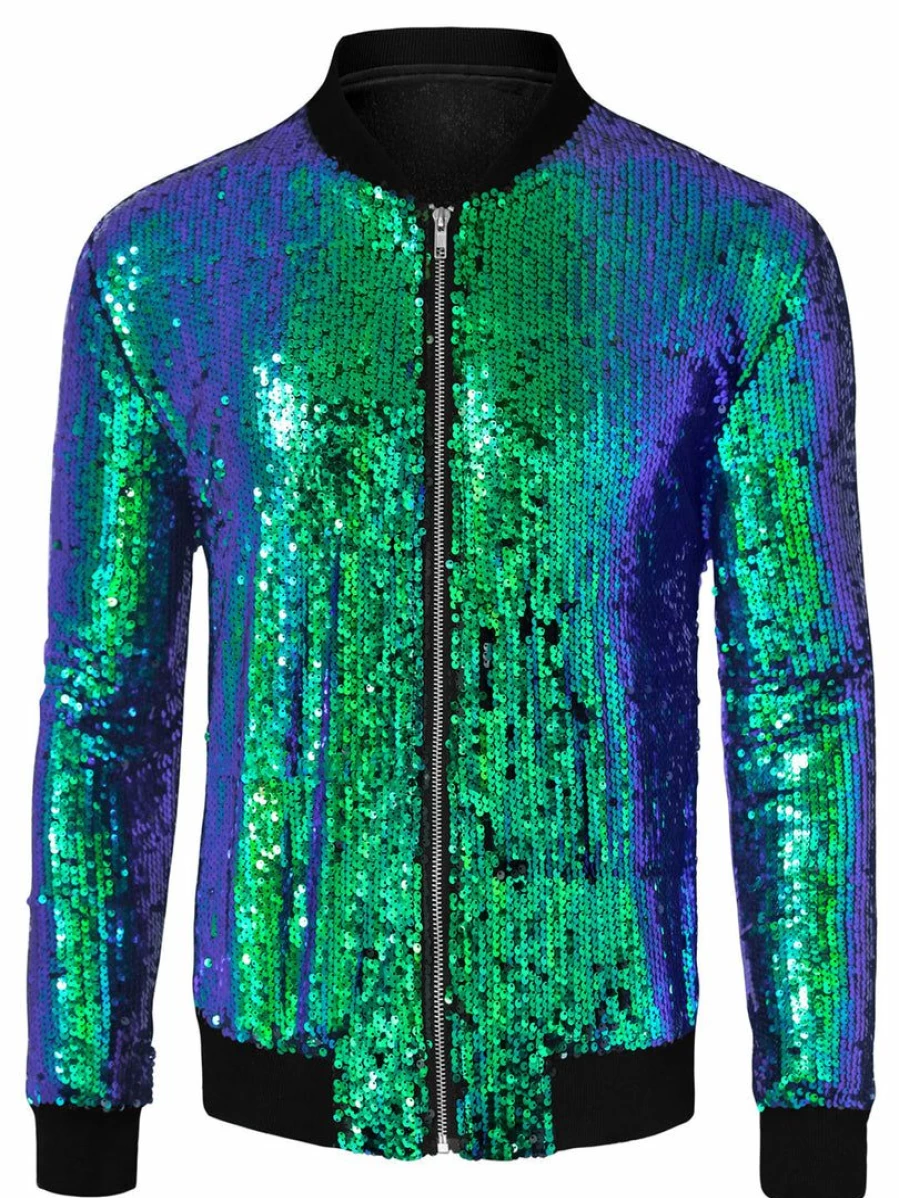 Men's Glitter Sequin Bomber Jacket Long Sleeve Zipper Varsity Style Coat