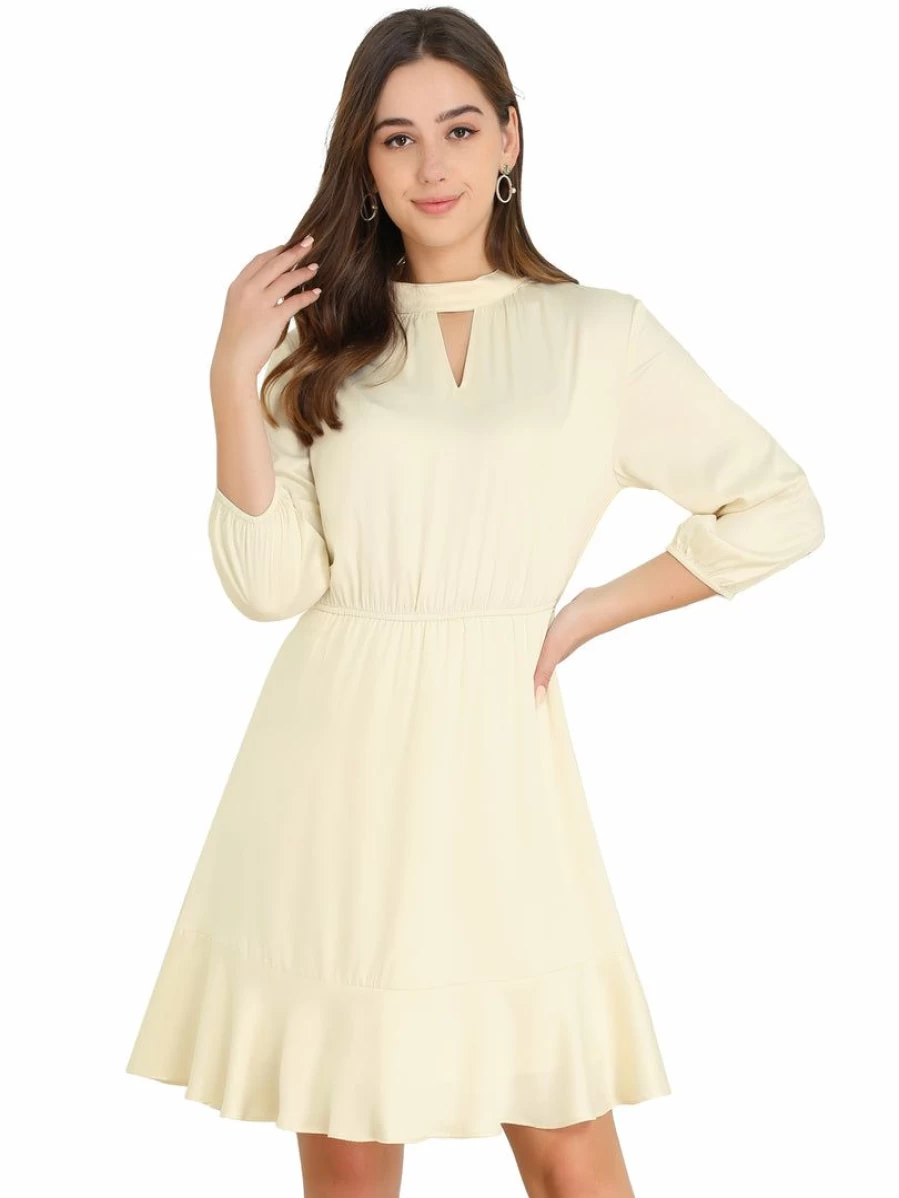 Women's Beige A-Line Fit & Flare Dress with Elastic Cuffs, Keyhole Detail, and Ruffle Hem