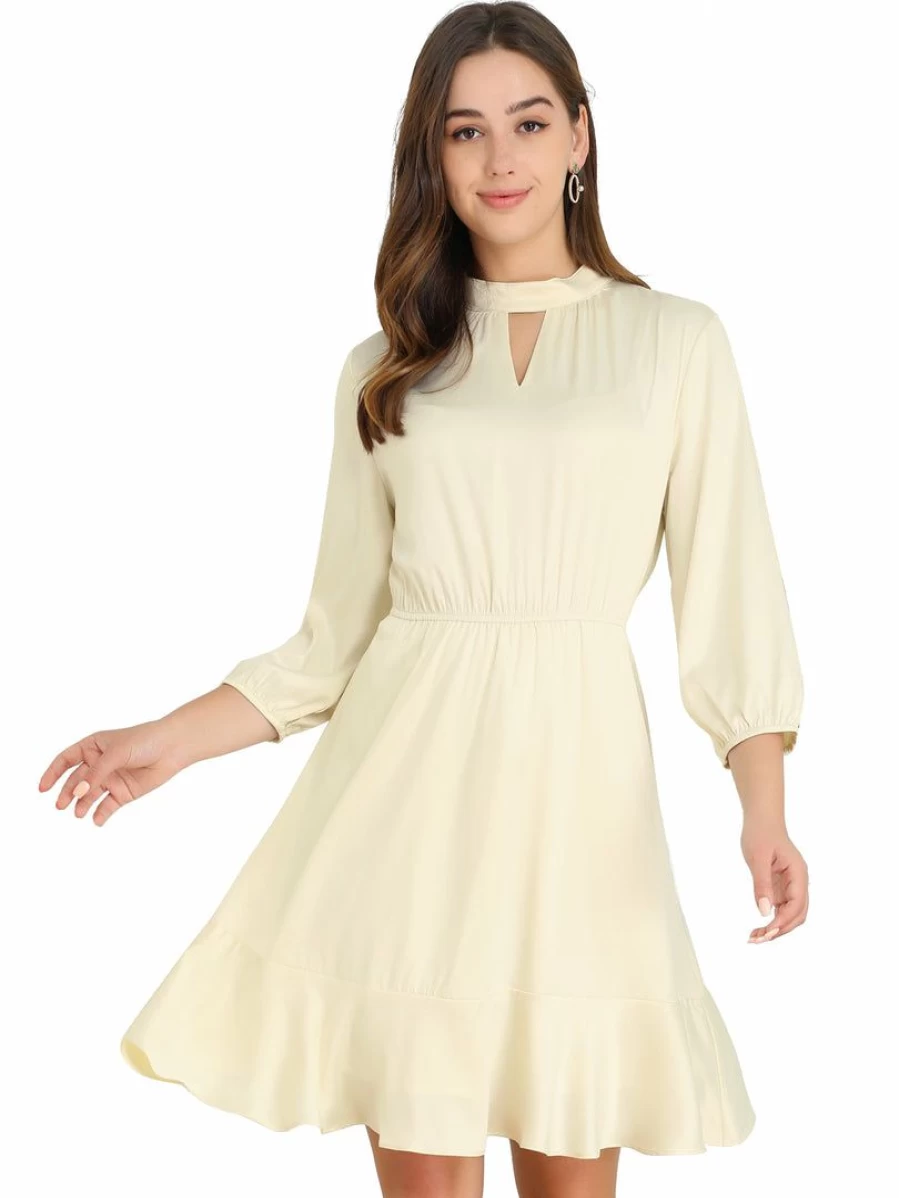 Women's Beige A-Line Fit & Flare Dress with Elastic Cuffs, Keyhole Detail, and Ruffle Hem