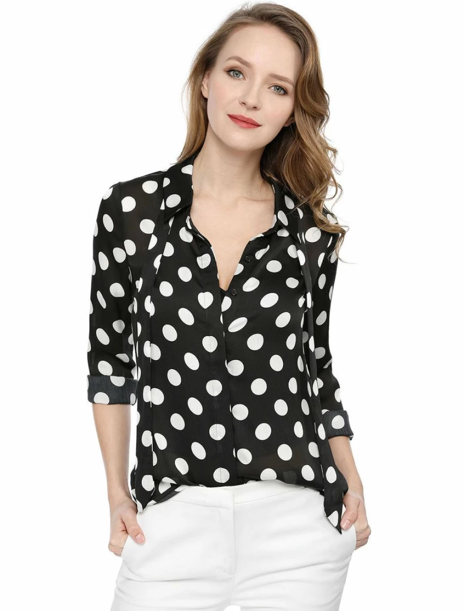 Black Polka Dot Tie Neck Button Down Shirt for Women