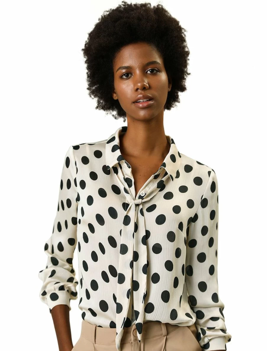 Black Polka Dot Tie Neck Button Down Shirt for Women