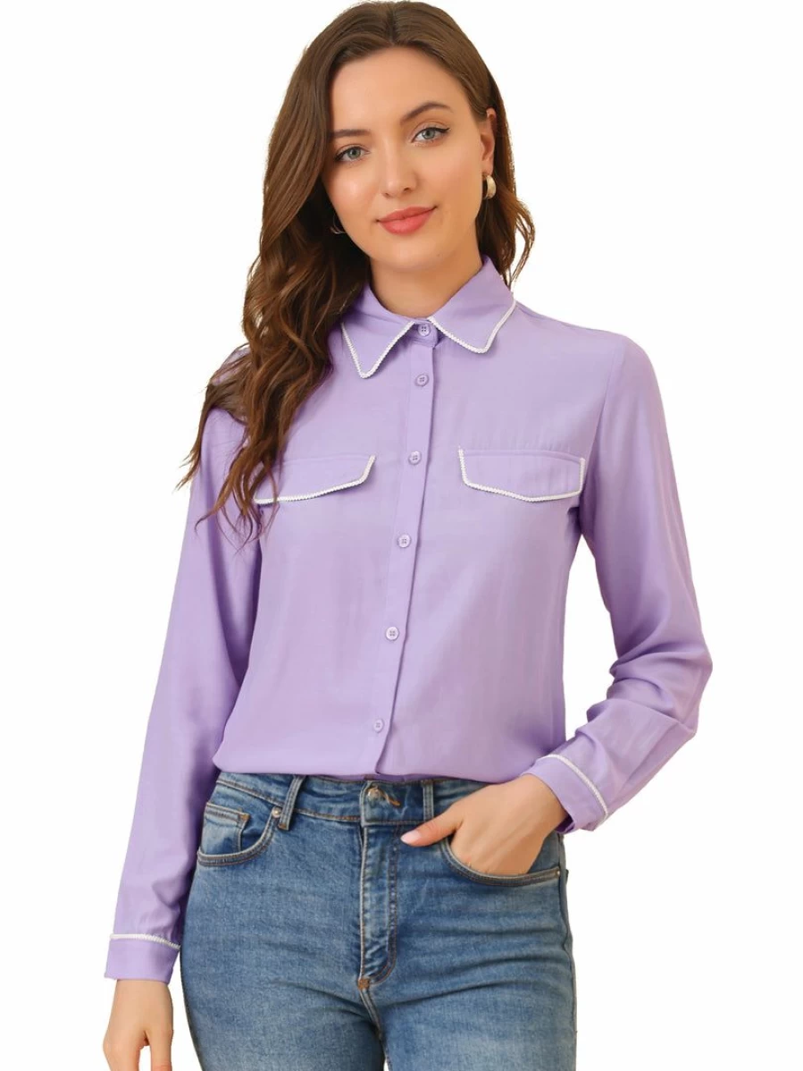 Allegra K Women's Violet Long Sleeve Button Down Shirt Elegant Point Collar Top