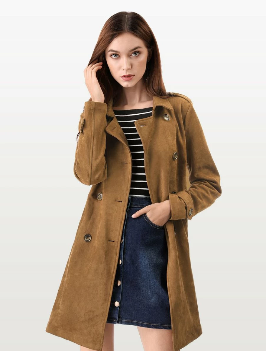 Women's Double-Breasted Faux Suede Trench Coat with Belt - Elegant Long Jacket for Fall and Winter